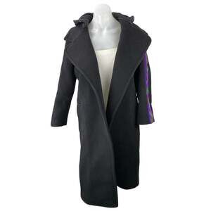 Sandro Womens Black Wool Striped Long Sleeve Hooded Hoodie Long Coat Jacket US 6
